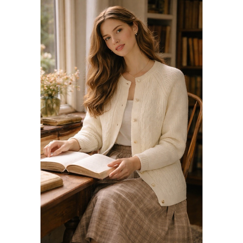Vtg Sears Cardigan Womens M Ivory Cable Knit Fishermans Cottagecore Grandma